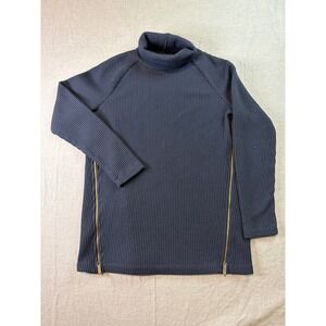 LL Bean Signature Waffle Knit Turtleneck Sweater Gold Side Zips Navy Blue Size S